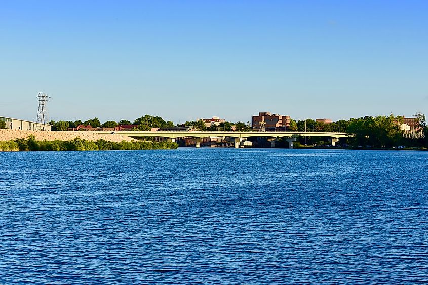 The Kansas River flows through Lawrence, Kansas.