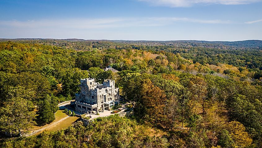 Aerial view of Gillette Castle and grounds near East Haddam, Connecticut.