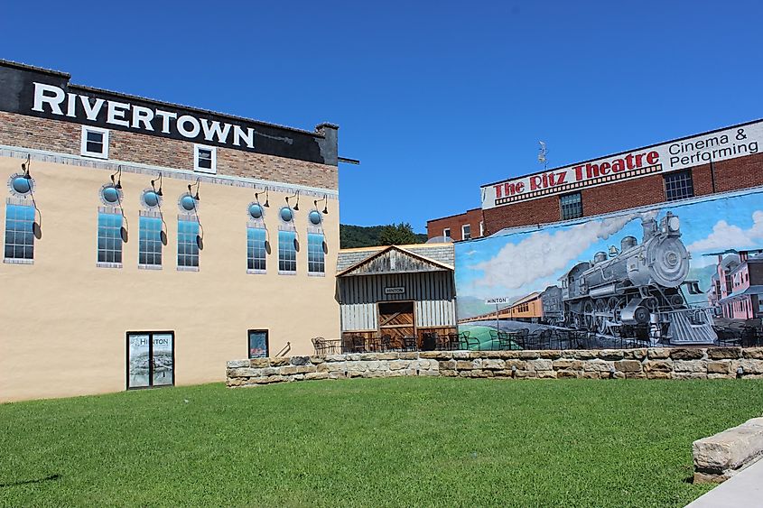 Ritz Theater sign and railroad mural in historic Hinton, West Virginia