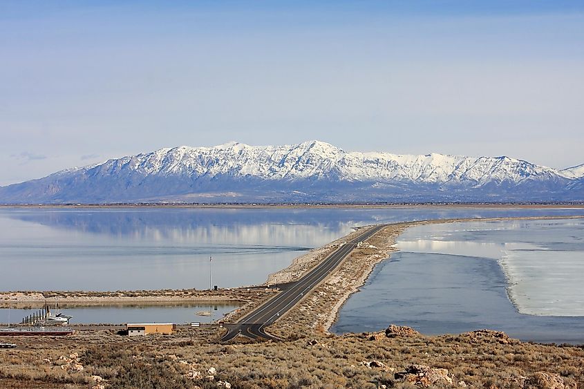The causeway to Antelope Island, Utah.
