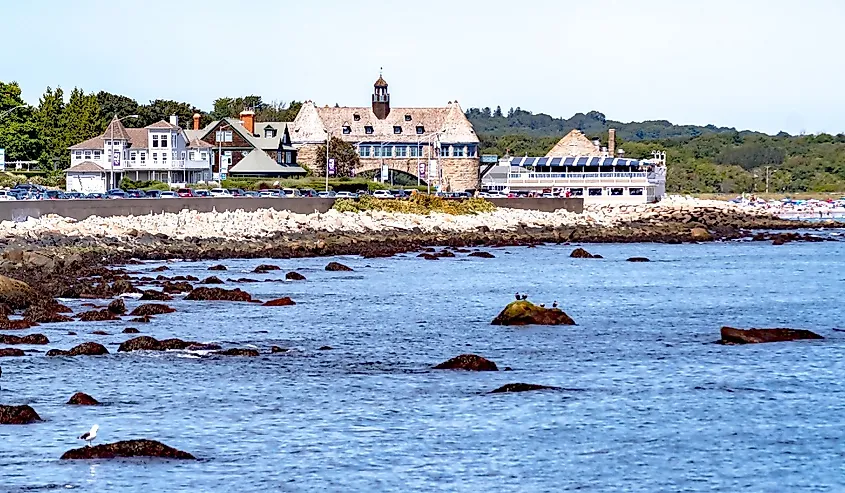 Water calm along the rock beaches at Narragansett, Rhode Island.