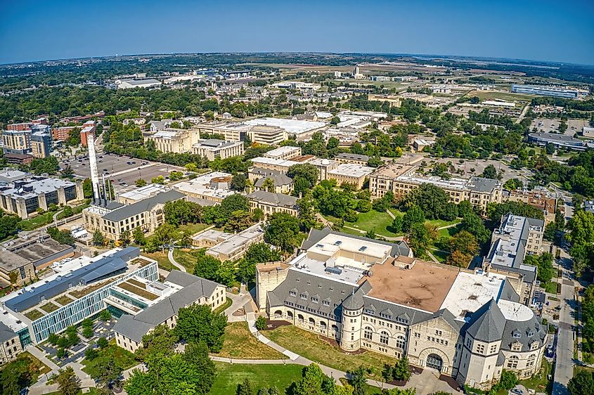 Aerial view of the Kansas State University campus in Manhattan, Kansas.