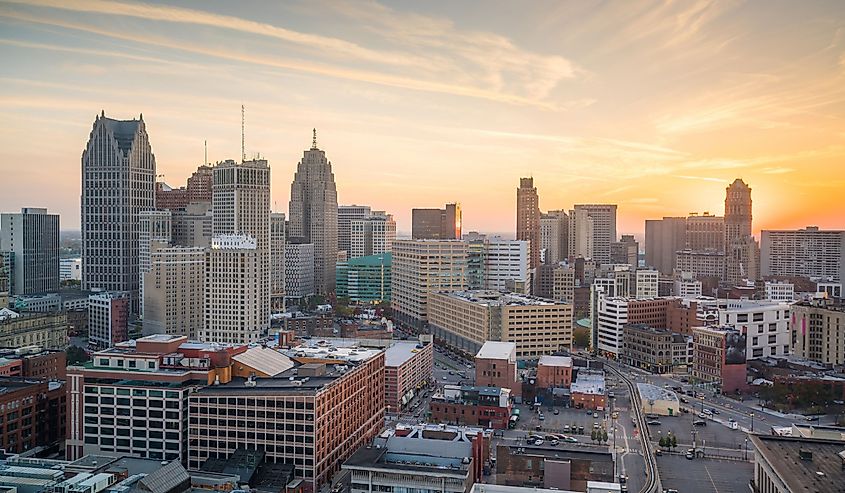 Aerial view of downtown Detroit at twilight in Michigan USA