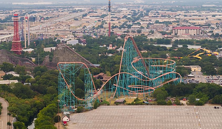 Aerial image of an amusement park in Arlington Texas Six Flags