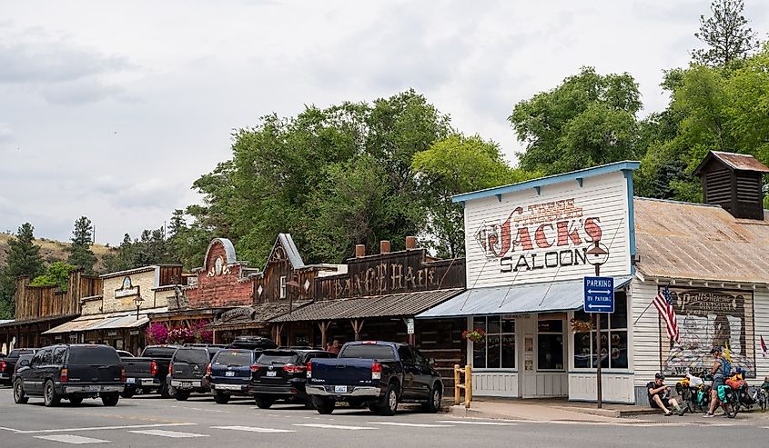 Street view of downtown Winthrop, a small wild west theme town in the Cascade Mountains of Washington State.