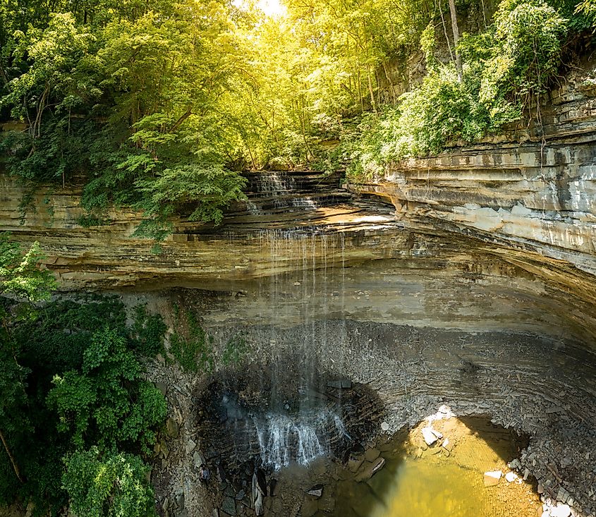Wide angle panoramic view of Clifty Falls in Clifty Falls State Park in Madison, Indiana.
