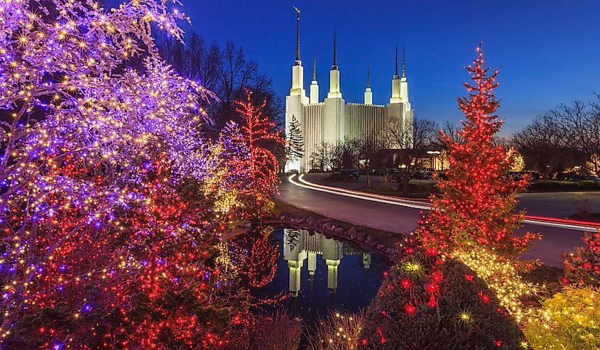 Festival of Lights at the Washington, DC LDS Temple in Kensington, Maryland where 600,000 lights reflect and illuminate the grounds for public viewing.