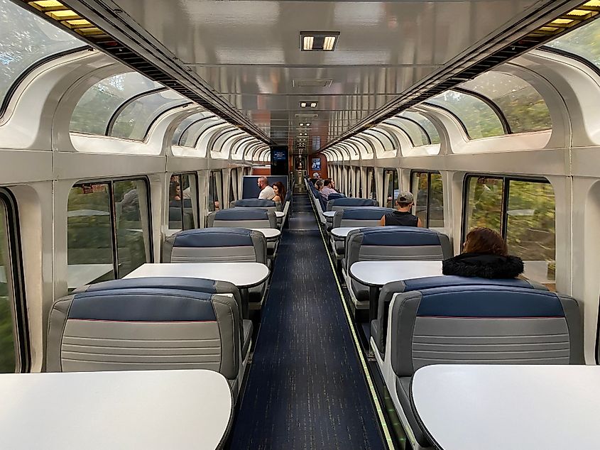 The scene from within and without Amtrak's panorama viewing car. 