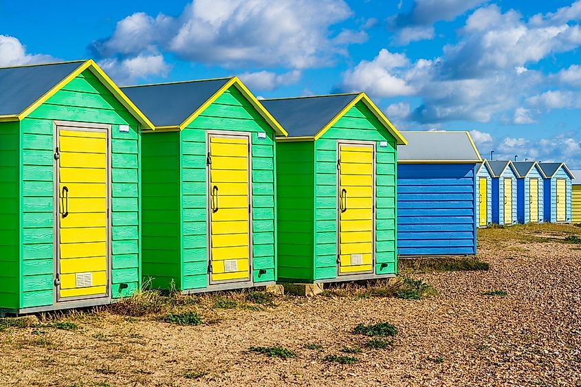 Colorful beach huts on the shores of Littlehampton's East Beach