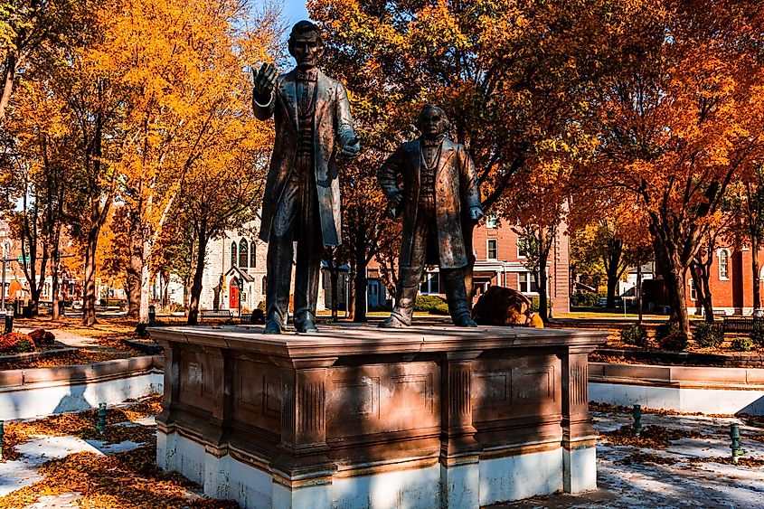 Lincoln - Douglas Debate Memorial Plaza and its monument located in historic downtown in Ottawa,, via Dawid S Swierczek / Shutterstock.com