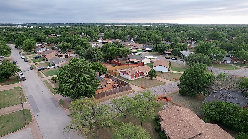 A bird's eye view of the cityscape of Wichita Falls, Texas on a sunny day