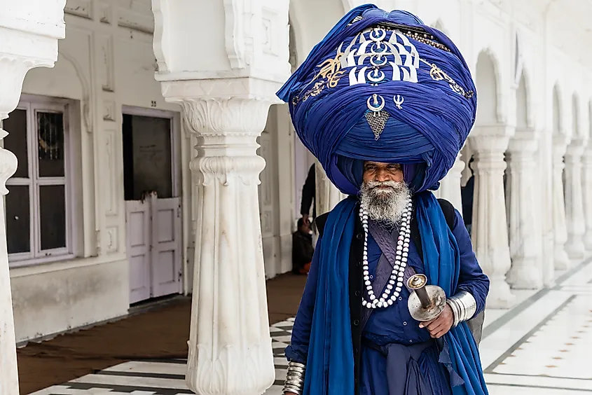 Sikh man wearing an oversize turban at the Golden Temple