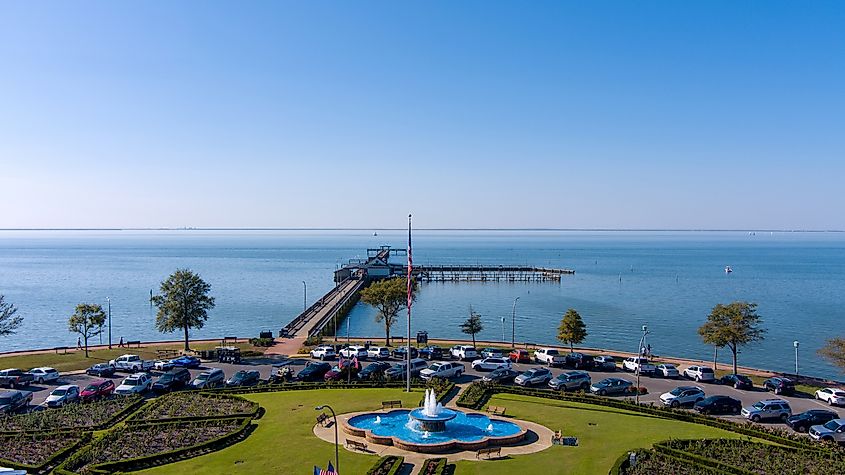 Fairhope, Alabama: Aerial view of Municipal Pier on Mobile Bay's eastern shore.
