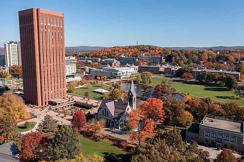 An aerial shot of the University of Massachusetts in Amherst.