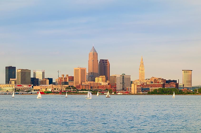 Cleveland, Ohio, near sunset, viewed from out on Lake Erie