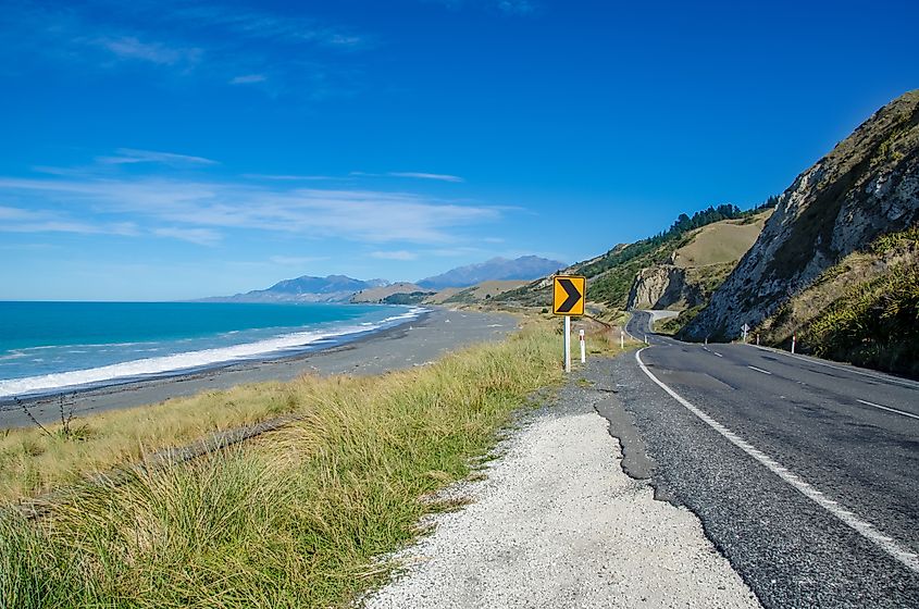 View of a road along the Kaikoura Coast in New Zealand.