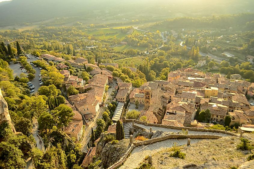 View of the village Moustiers-Sainte-Marie in the hills of France