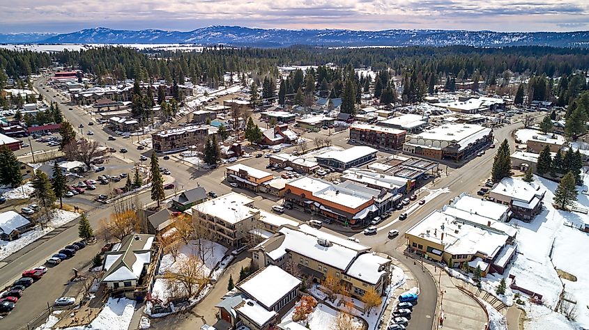 MacCall Idaho seen from the air with winter snow and mountains