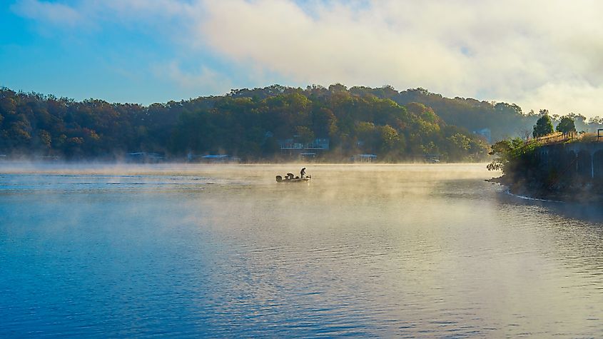 A fishing boat on Lake of the Ozarks in Rocky Mount, Missouri.
