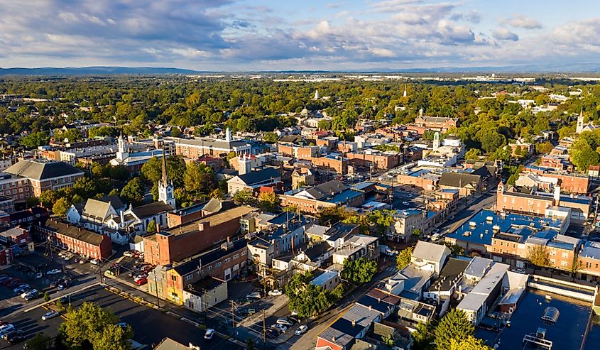 It's partly cloudy over the roads and architecture in Pennsylvania at Carlisle