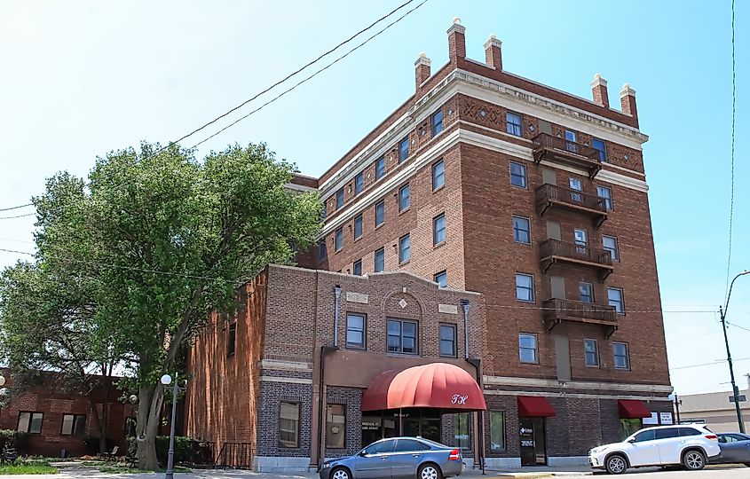 Historic hotel building in Aurora, Nebraska, United States, on a sunny afternoon.