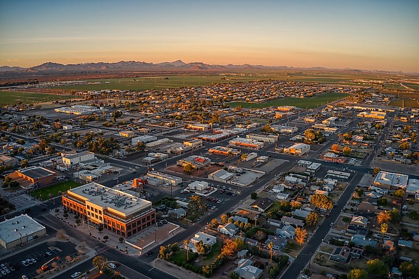 Aerial View of Sunrise over the Phoenix Suburb of Buckeye, Arizona.