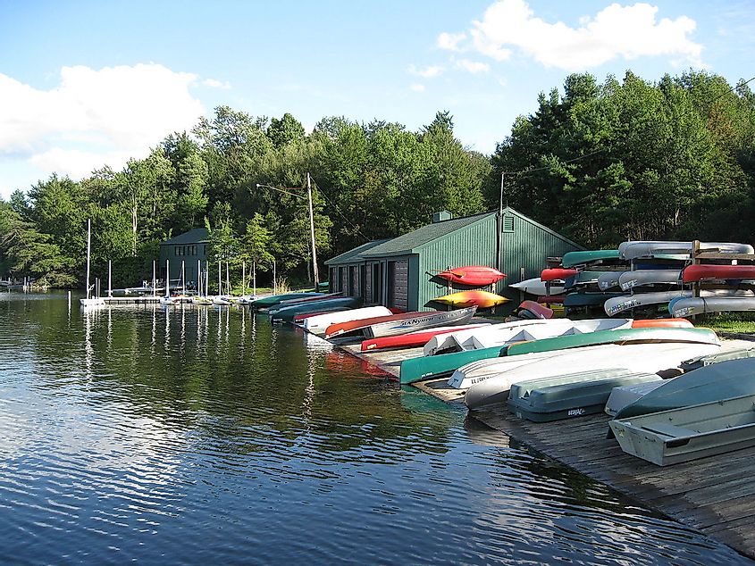 Waterfront and boats on the dock at Eagles Mere, Pennsylvania