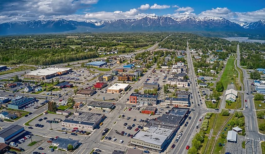 Aerial View of Downtown Palmer, Alaska during Summer