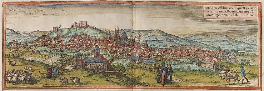 Burgos, as depicted in the Georg Braun & Frans Hogenberg's Civitates Orbis Terrarum (c. 1572)