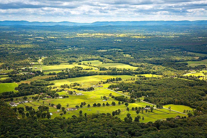 Aerial view of the Hudson Valley farmland as viewed from Gertrude's Nose hiking trail.