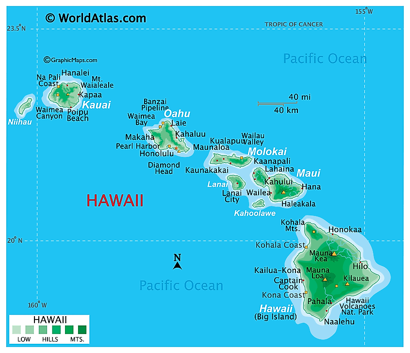 Physical map of Hawaii showing the eight major islands and Pacific Ocean location