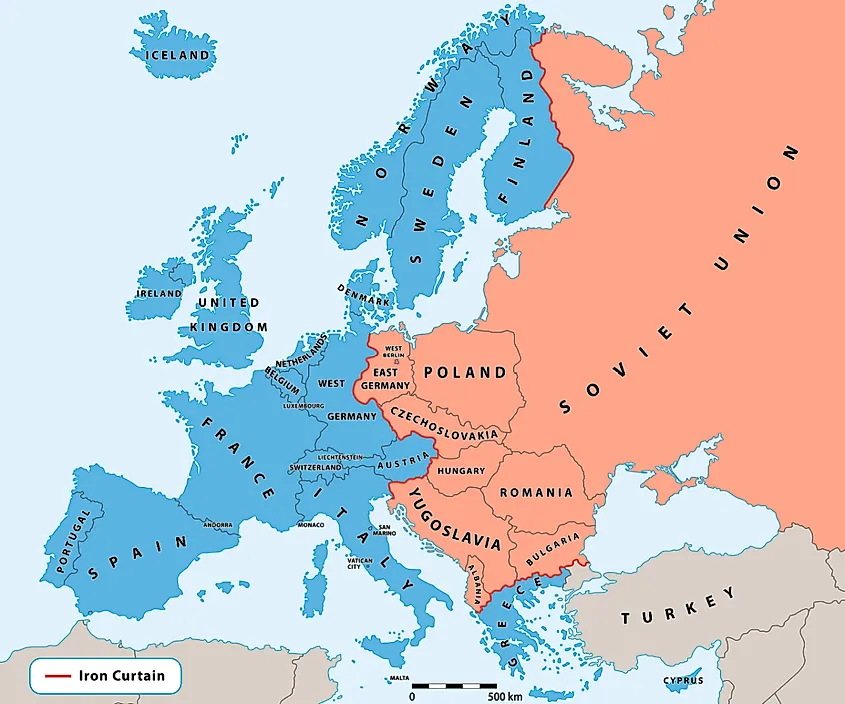 Iron Curtain Cold War era on Europe political map.