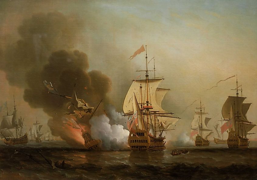 Explosion of San José during Wager's Action. Oil on canvas by Samuel Scott