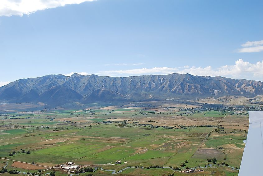 The Wellsville Mountains range in Cache Valley, Utah from aeroplane.