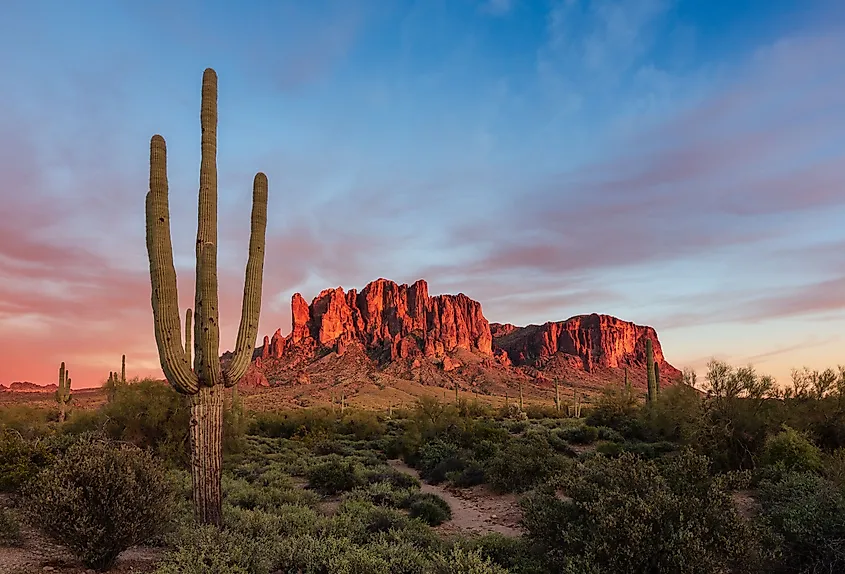Volcanic cliffs of the Superstition Mountains rising above Sonoran Desert scrub at sunset.