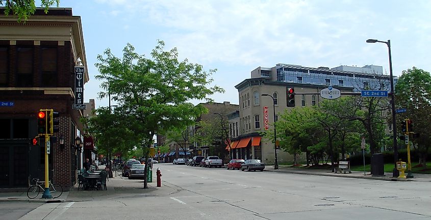 East Hennepin Avenue, looking north to the birthplace of Northeast. 