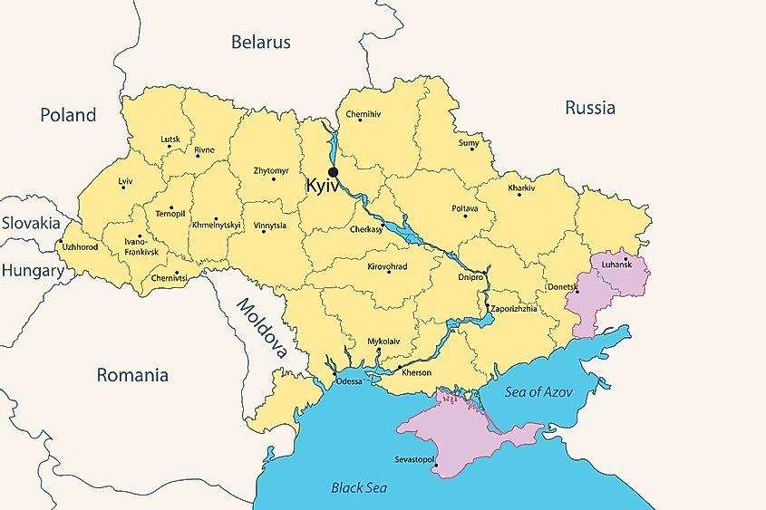 Ukraine, administrative map with occupied territories by Russia - Donbas and Crimea, as of January 2022