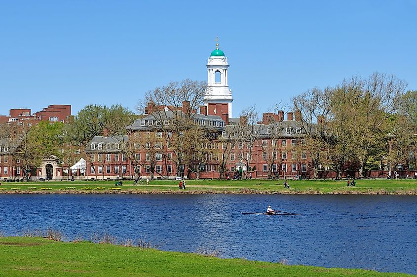 Green dome of the Eliot House of the Harvard University and Charles River