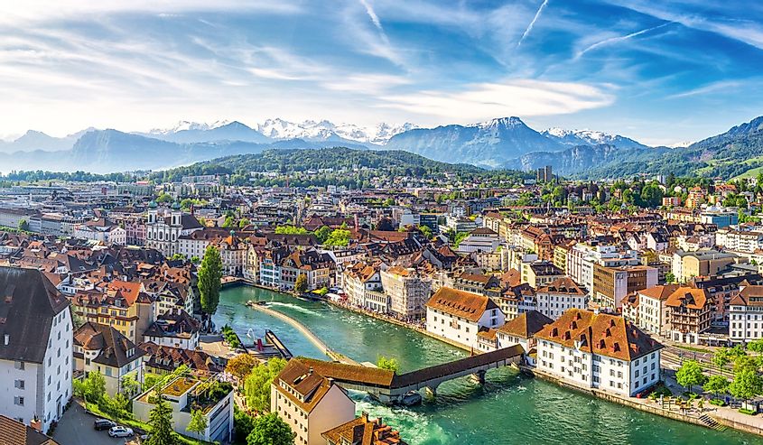 Historic city center of Lucerne with famous Chapel Bridge and lake Lucerne, Canton of Luzern, Switzerland
