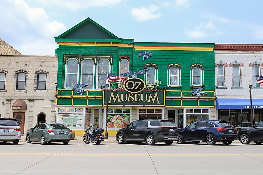 Green Oz museum building on Main Street in Wamego, Kansas.