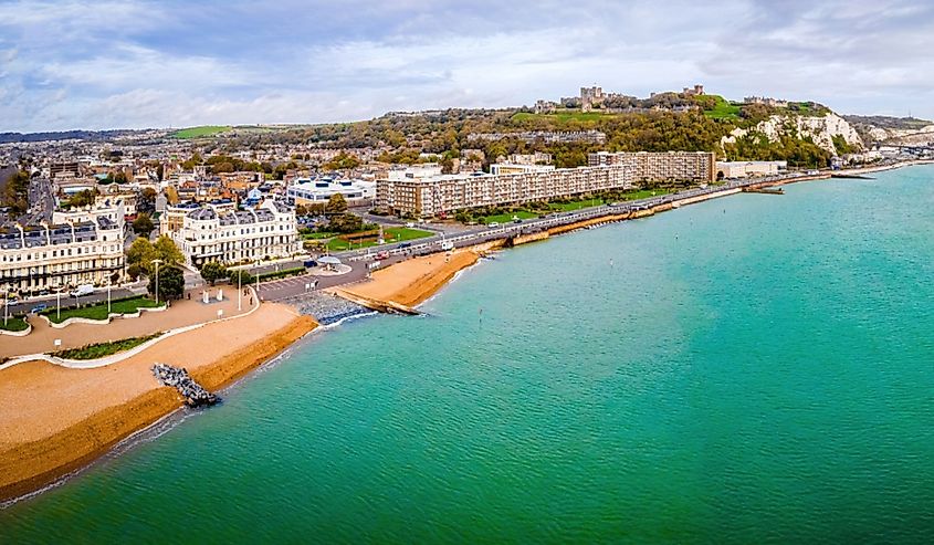 Aerial view of Dover castle in Dover, a coastal town in England’s southeastern county of Kent.