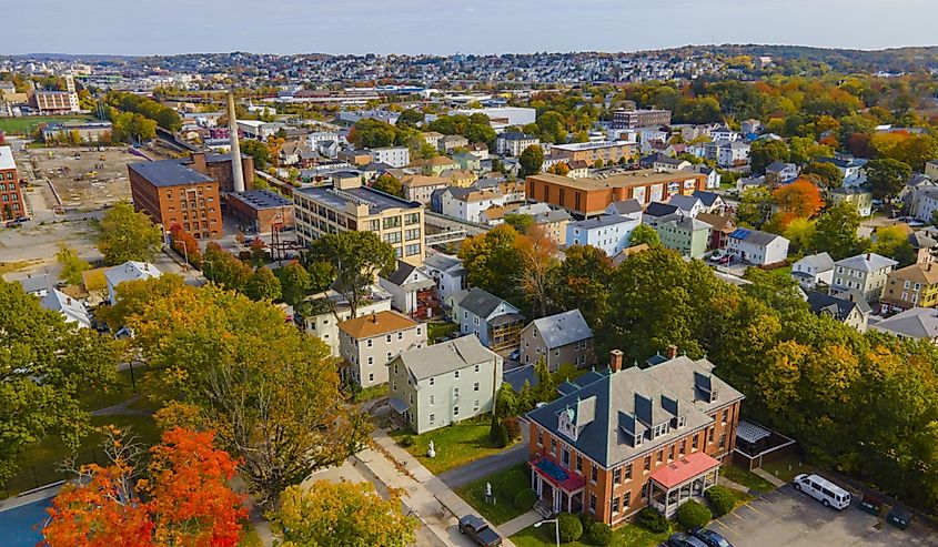 Aerial view of historic downtown Worcester with fall foliage in city of Worcester, Massachusetts