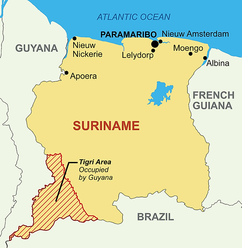 a map of Suriname highlighting the Tigri Area, which is claimed by the Guyanese as their own.