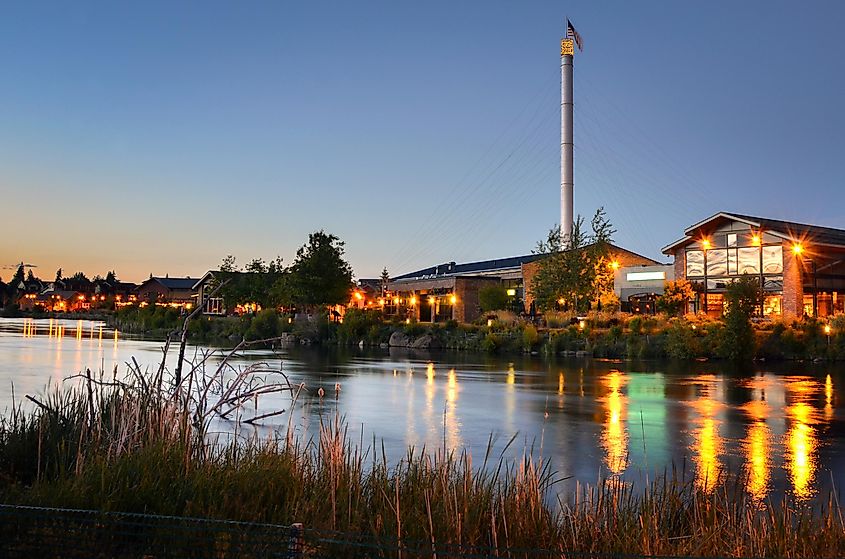 Renovated Old Industrial Riverside Buildings at Sunset in Bend, Oregon.