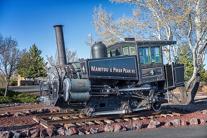 Steam engine number 4 from The Broadmoor Manitou and Pikes Peak Cog Railway sitting in display at the Grand Canyon Railway in Arizona.