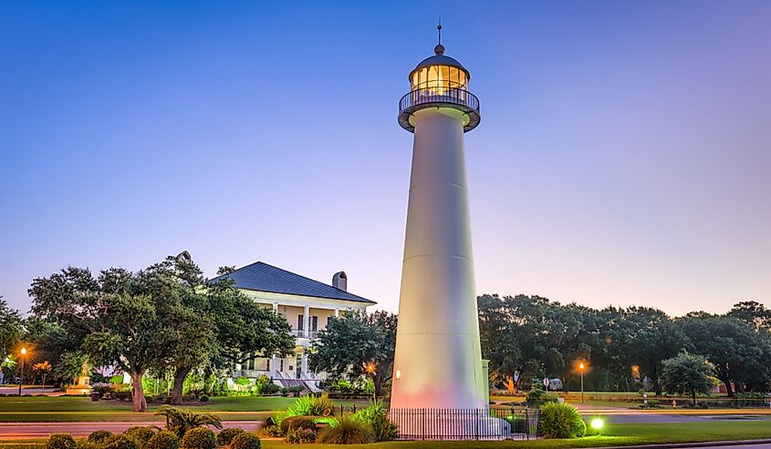 View of the lighthouse in Biloxi, Mississippi at dusk.