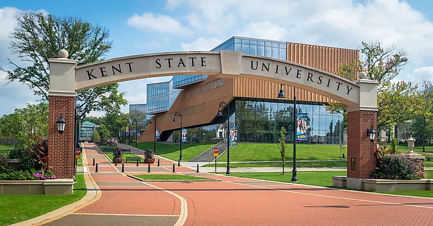 The new entry archway of the Kent State University campus, via Keith J Finks / Shutterstock.com