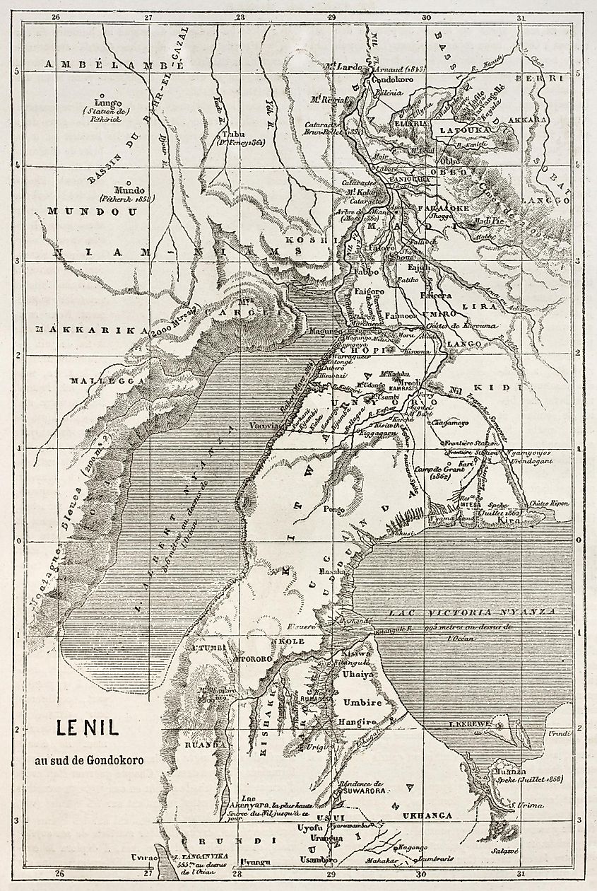 Alberta and Victoria lakes region old map, Nil river south of Gondokoro. Created by Erhard, published on Le Tour du Monde, Paris, 1867