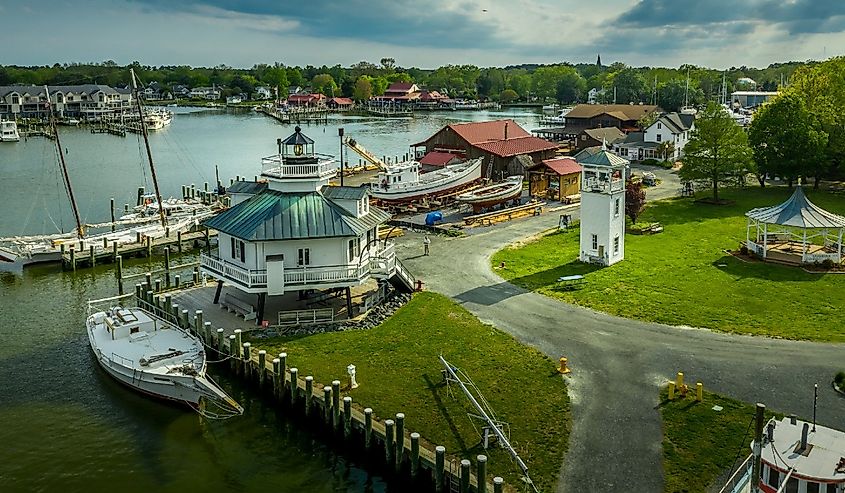 Aerial panorama of shipyard and lighthouse in St. Michaels harbor in Maryland in the Chesapeake Bay