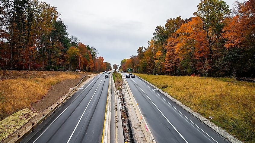 Merritt Parkway view on Norwalk and New Canaan border with colored trees in October. Miro Vrlik Photography.